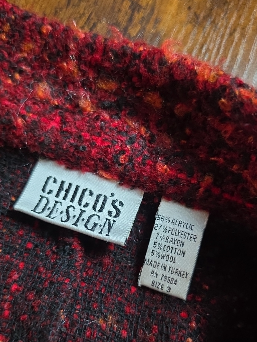 CHICO'S DESIGN | Burgundy Boucle Fuzzy Wool Blend Open Jacket Pockets | XL